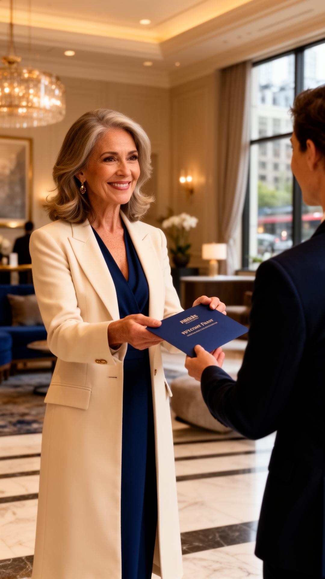 Gale greeting a guest in a refined Seattle hotel lobby and handing over a welcome envelope