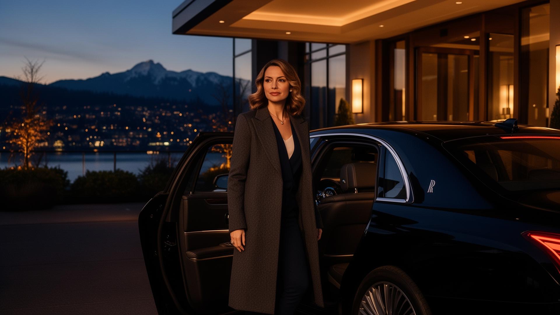 A sophisticated executive arriving in Seattle by luxury car at dusk
