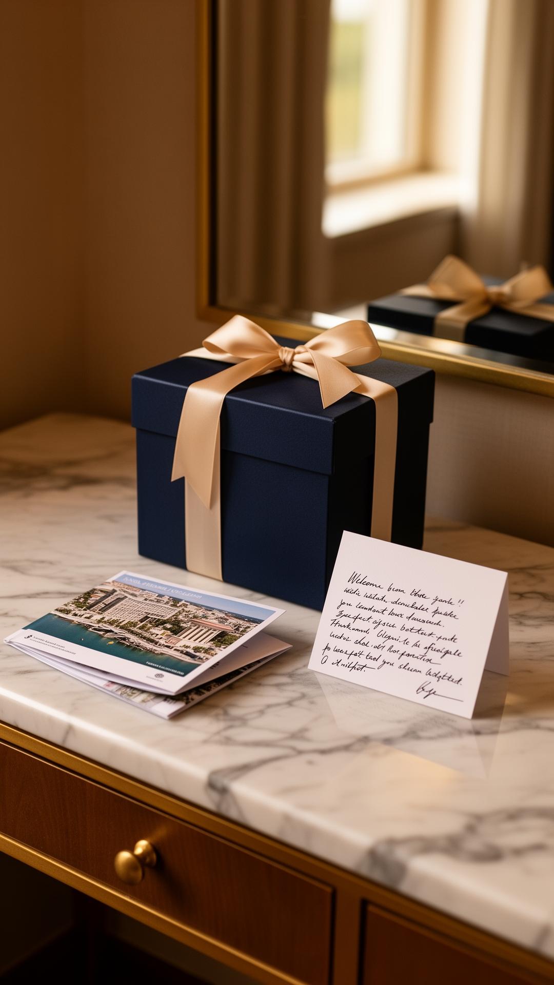 The Seattle Insider Pass welcome package — a navy gift box with ivory ribbon, city guide, and a handwritten card on a marble console