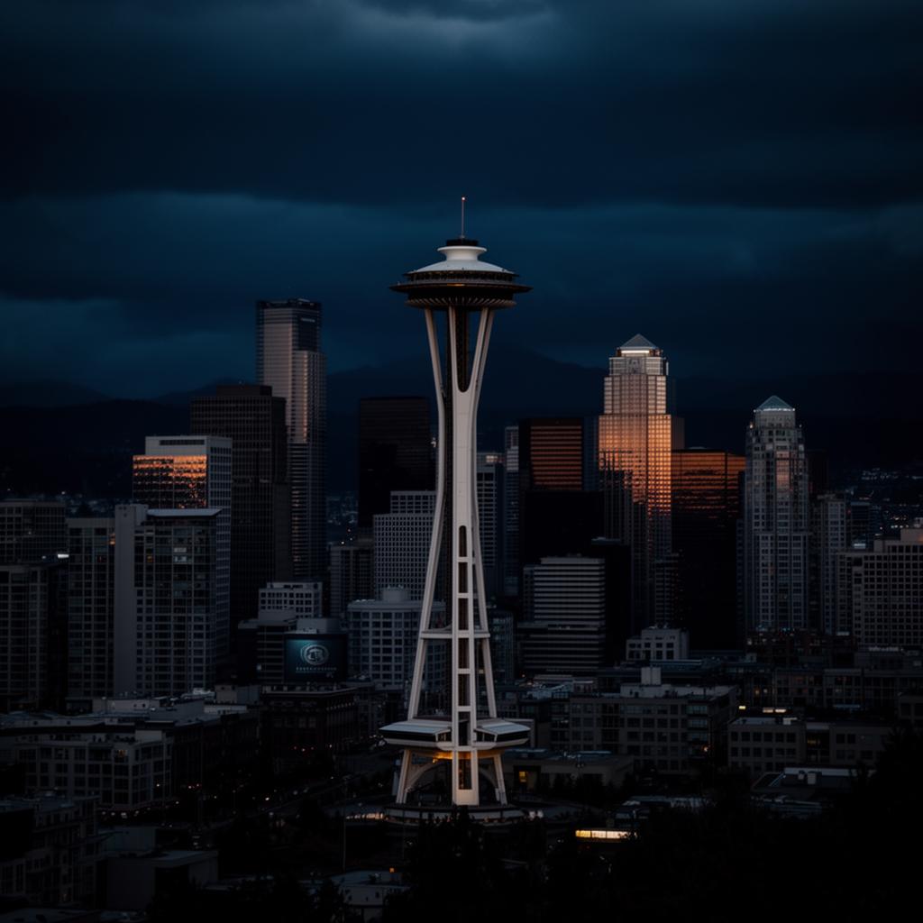 Seattle skyline at dusk with the Space Needle in deep navy tones