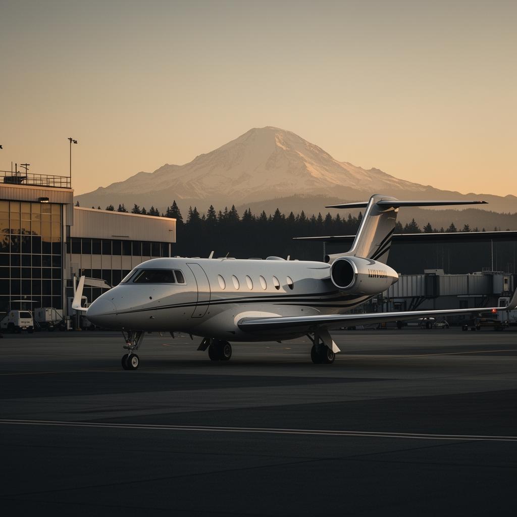 Private luxury jet on the tarmac at sunset for executive arrival in Seattle